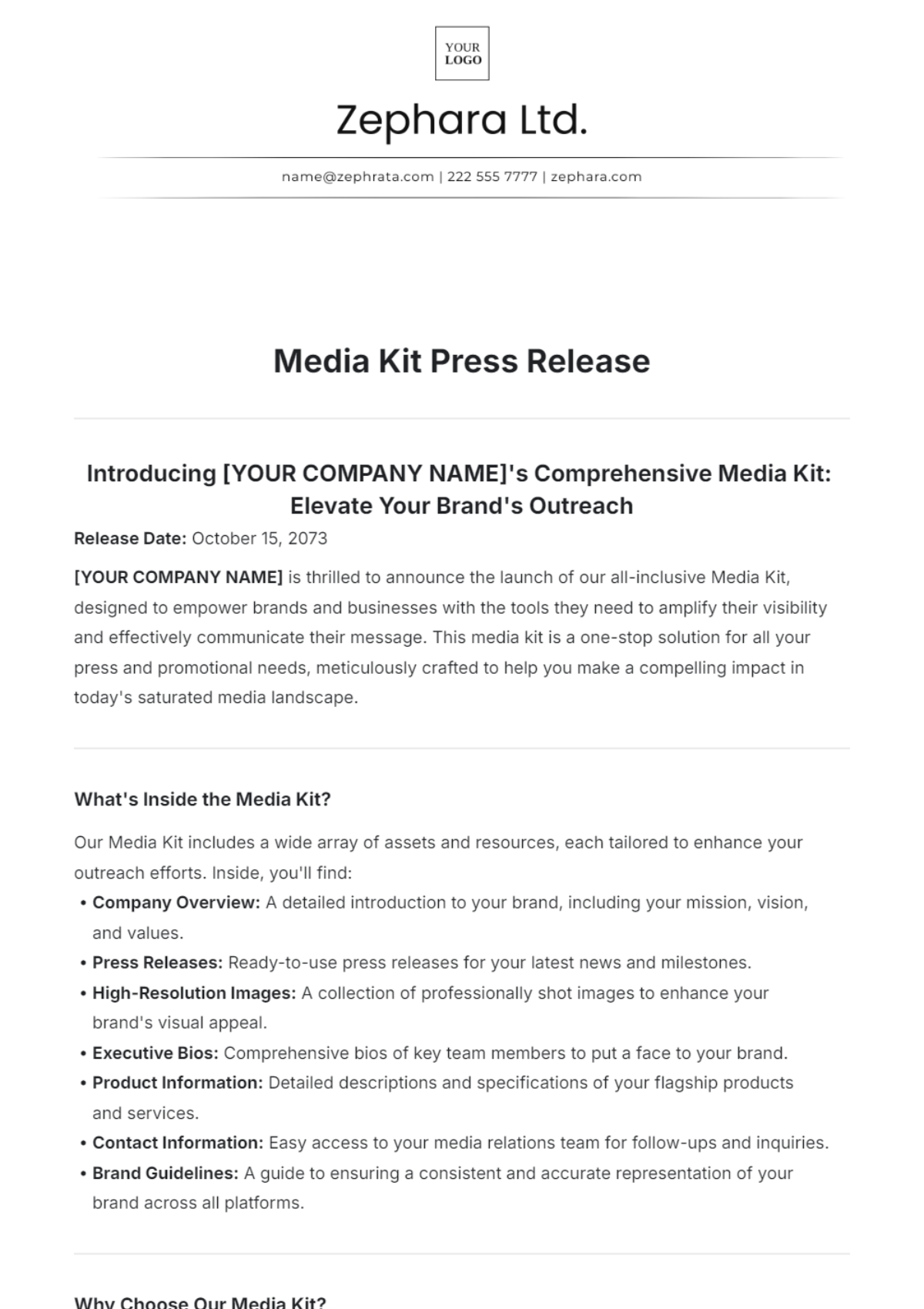 Media Kit Press Release Template - Edit Online & Download