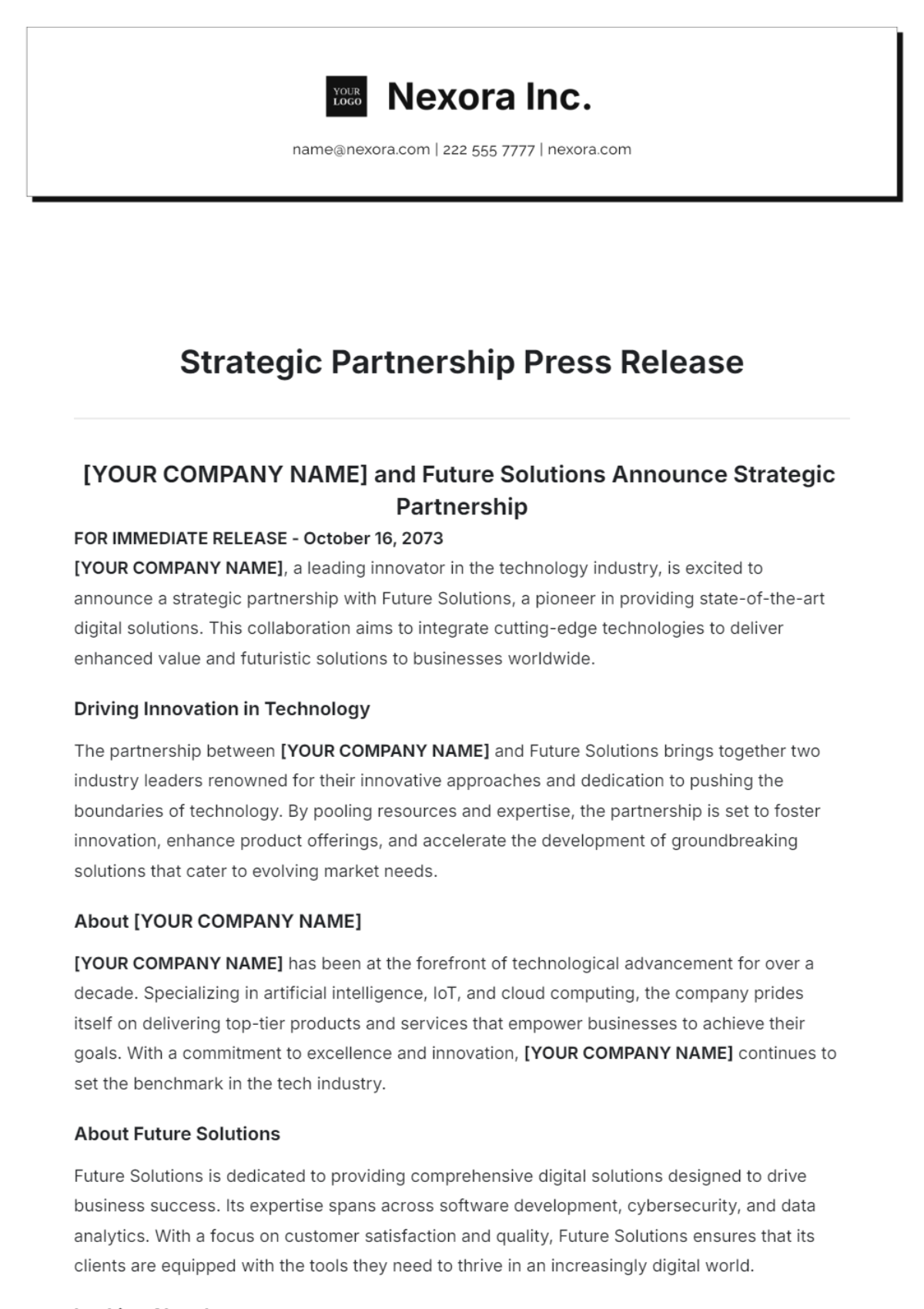 Strategic Partnership Press Release Template - Edit Online & Download