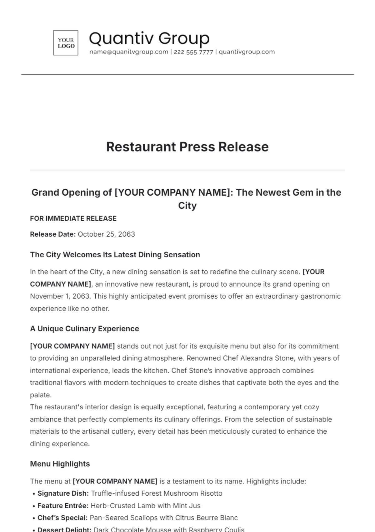 Restaurant Press Release Template - Edit Online & Download