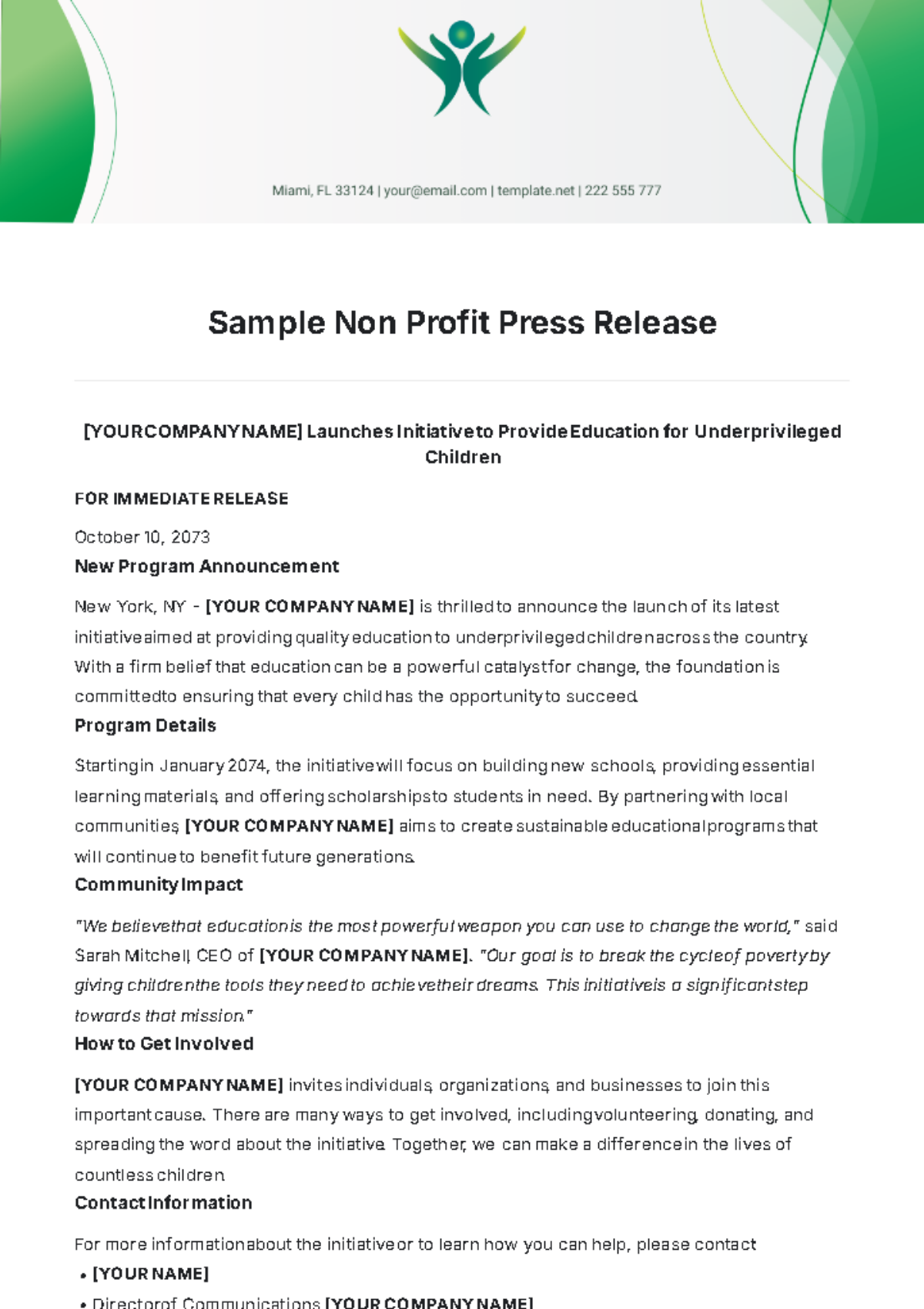 Sample Non Profit Press Release Template