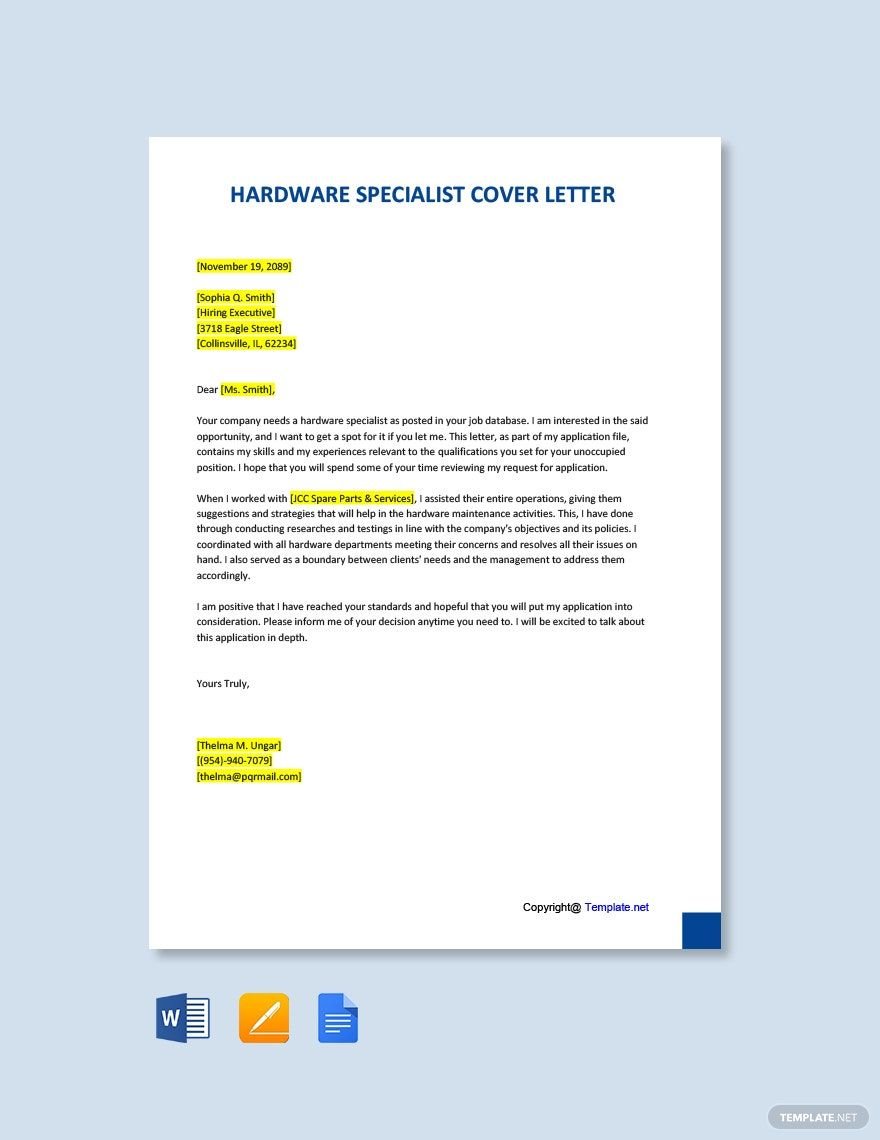 Hardware Specialist Cover Letter in Word, Google Docs, PDF, Apple Pages