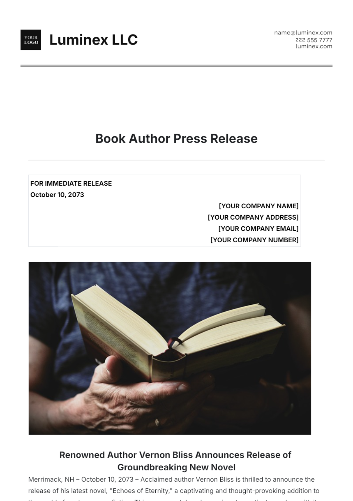 Book Author Press Release Template - Edit Online & Download