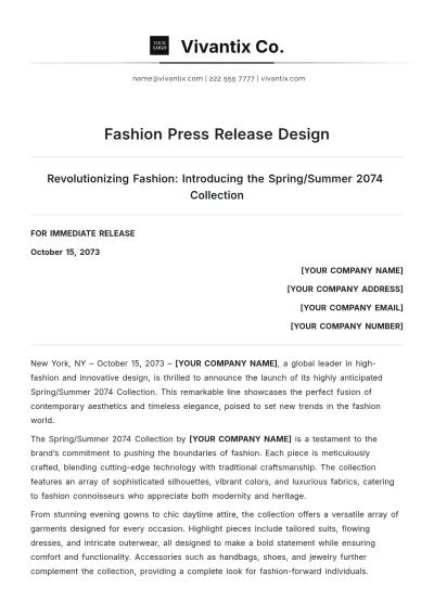 Free Fashion Press Release Design Template to Edit Online
