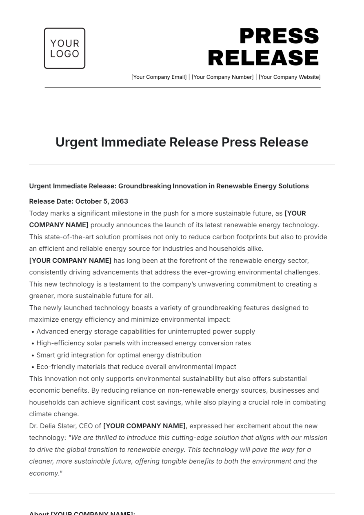 Urgent Immediate Release Press Release Template - Edit Online & Download