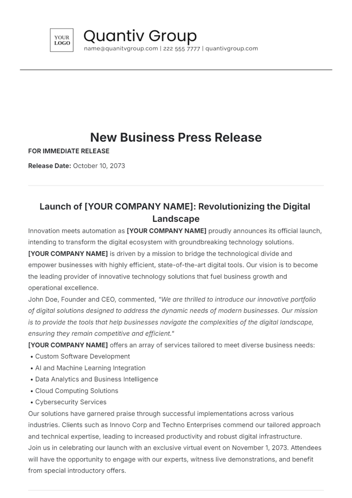 New Business Press Release Template - Edit Online & Download