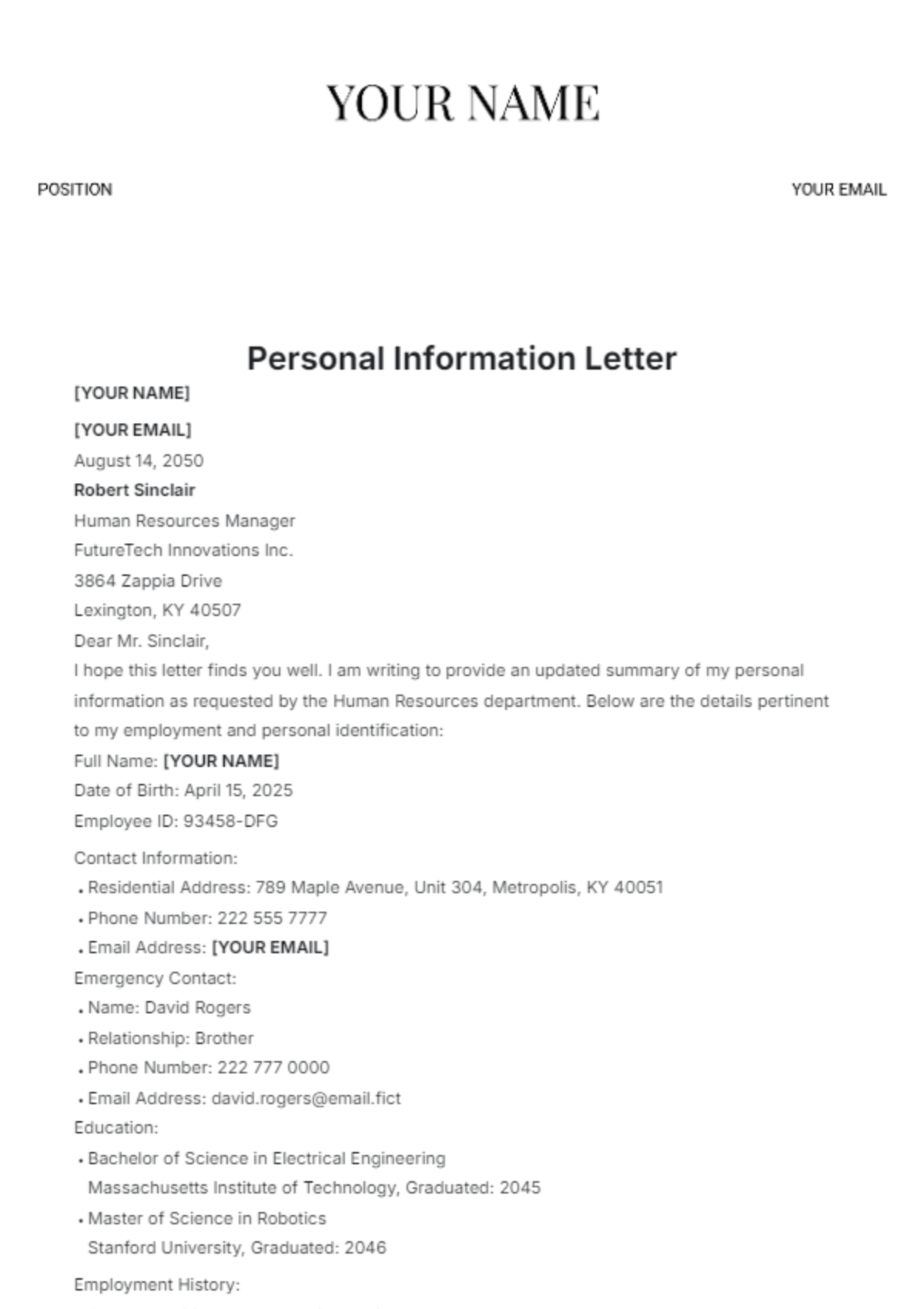 Personal Information Letter Template