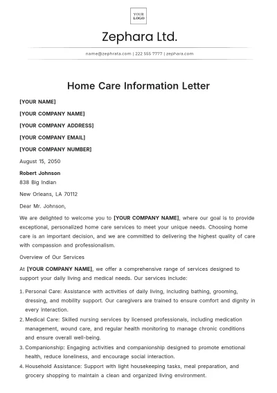 Free Home Care Information Letter Template to Edit Online