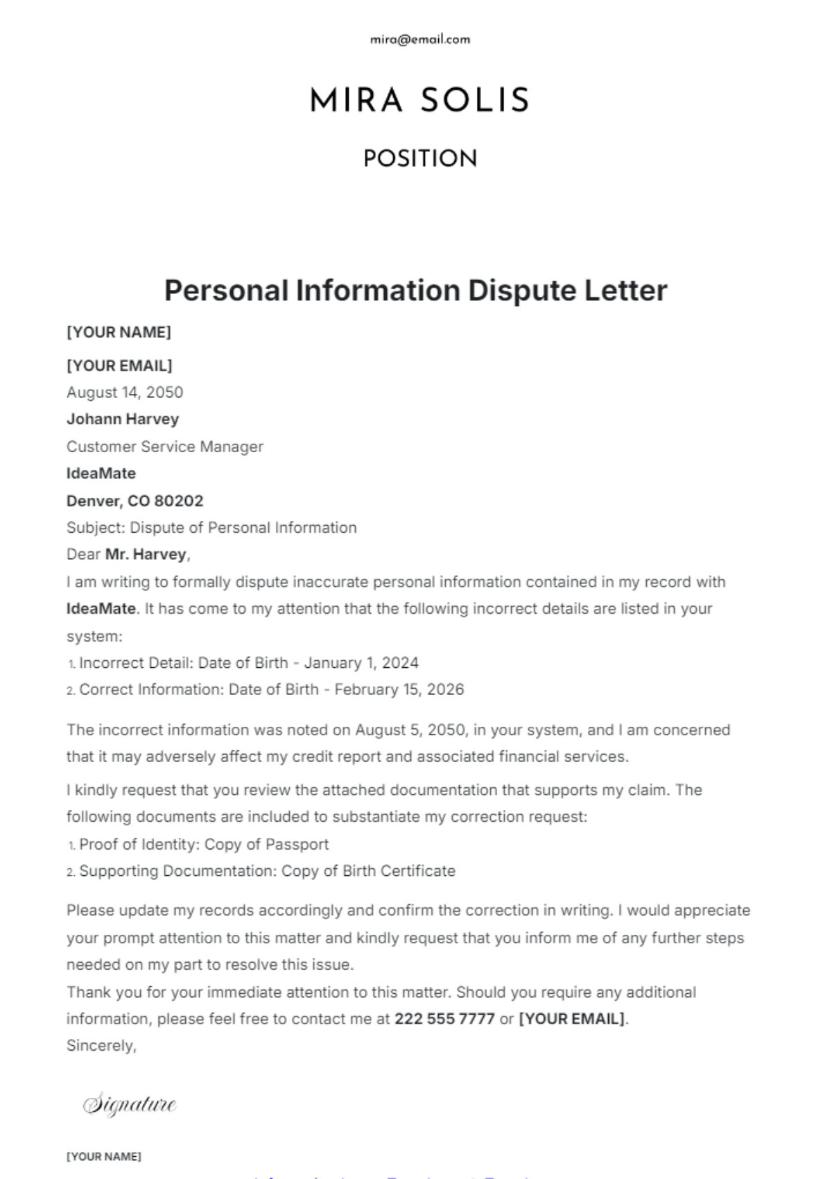 Personal Information Dispute Letter Template - Edit Online & Download