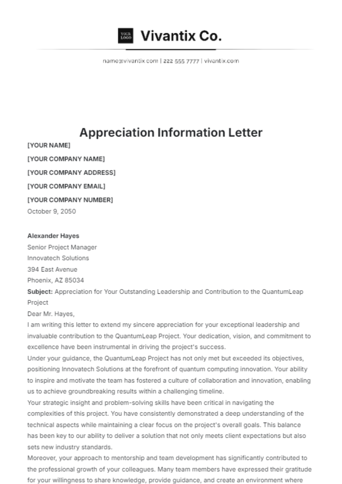 Appreciation Information Letter Template