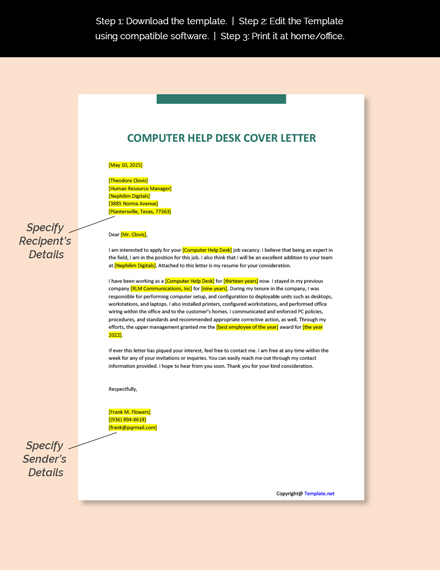 Computer Help Desk Cover Letter Template [Free PDF] - Word | Apple ...