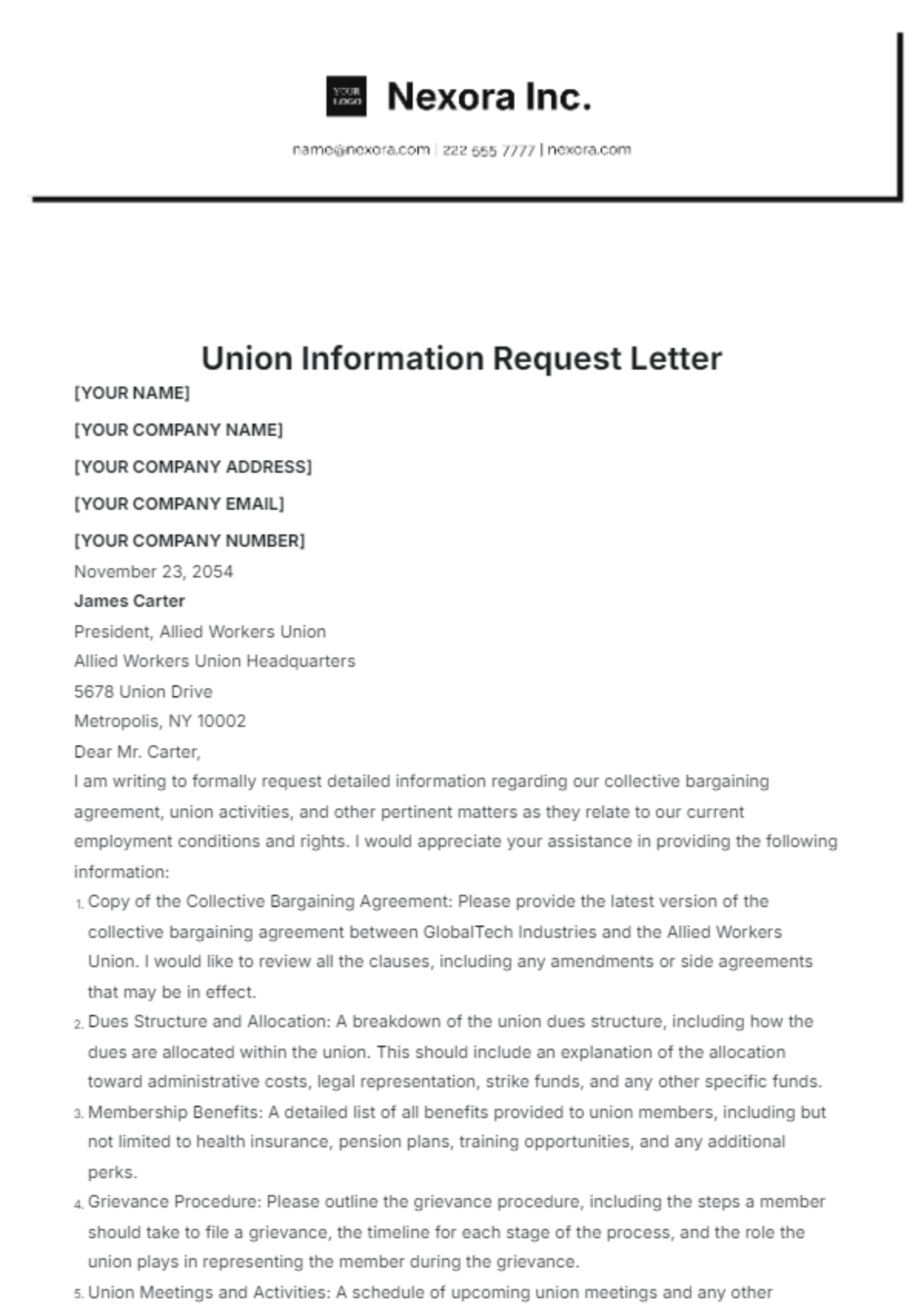 Union Information Request Letter Template - Edit Online & Download