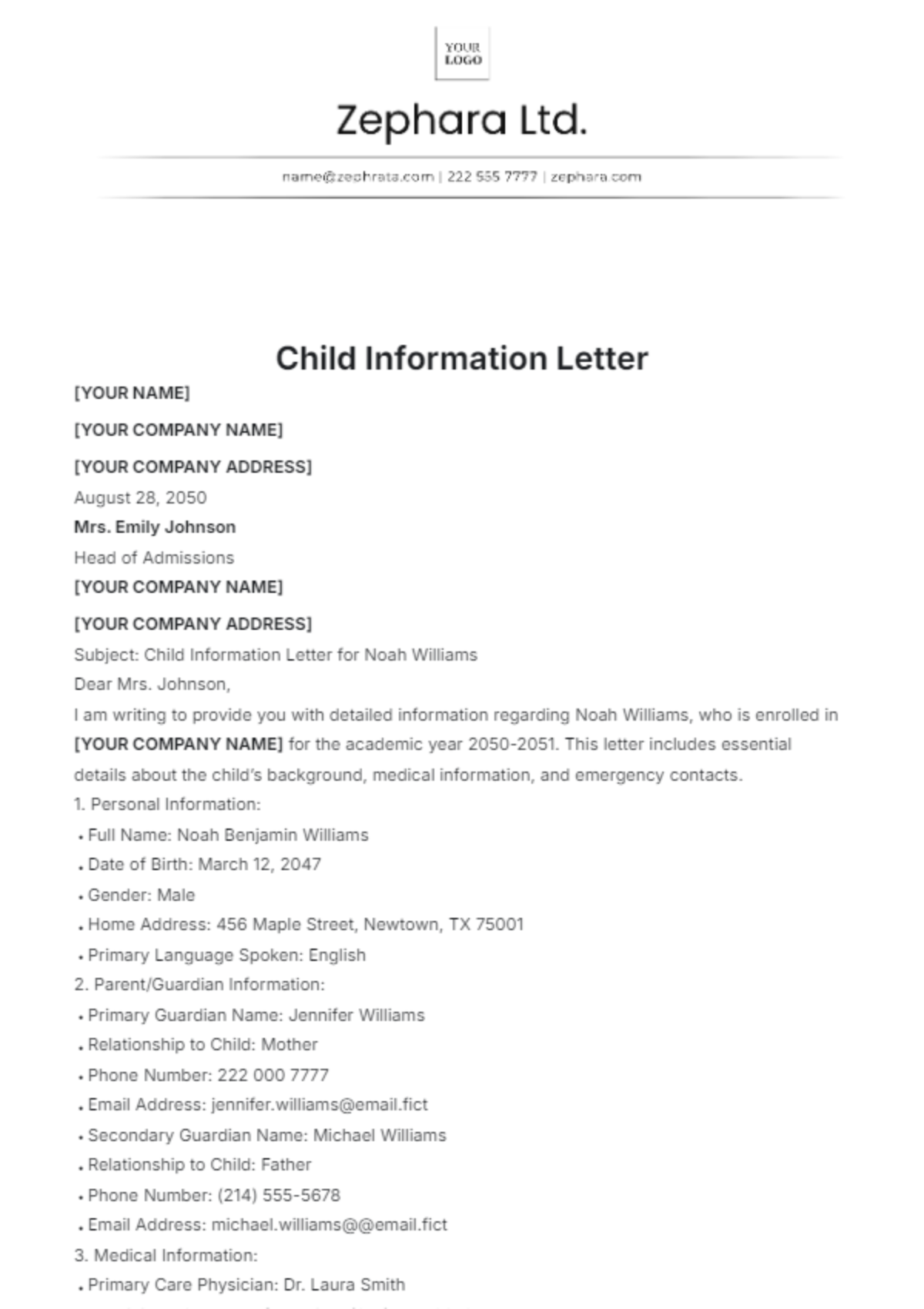 Child Information Letter Template - Edit Online & Download