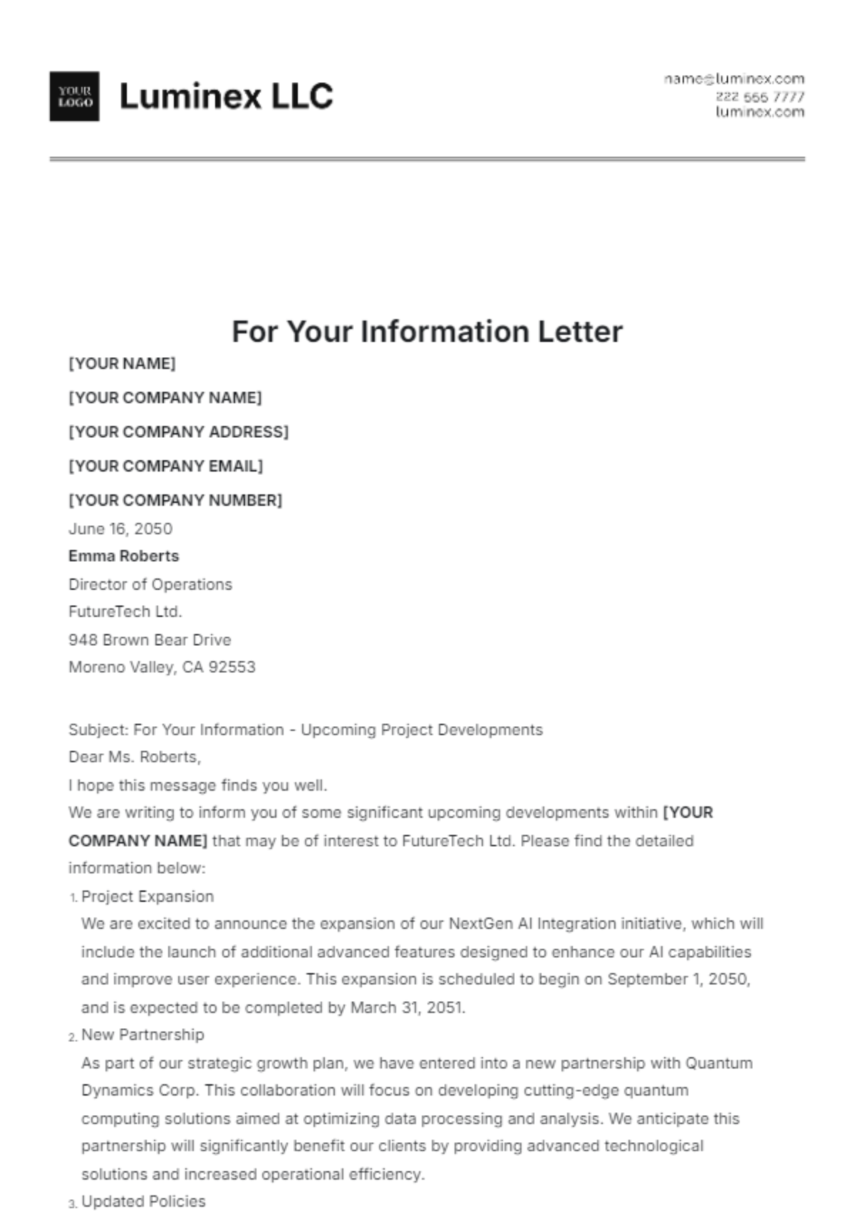 For Your Information Letter Template - Edit Online & Download