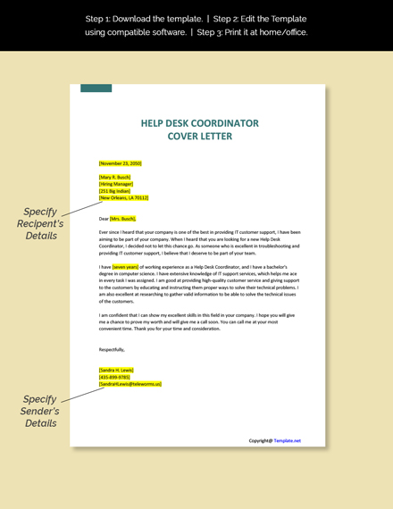 Help Desk Coordinator Cover Letter Template [Free PDF] - Word | Apple ...