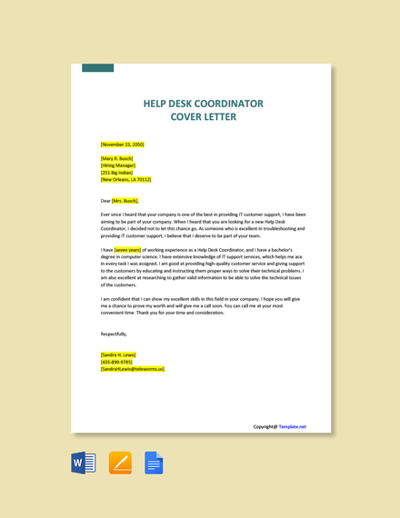 Free Help Desk Coordinator Cover Letter Word Google Doc