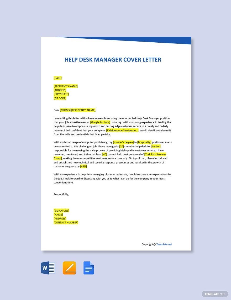 Help Desk Manager Cover Letter Template in Word, Google Docs, PDF, Apple Pages