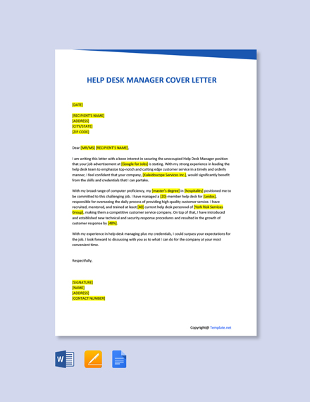 Help Desk Manager Cover Letter Template - Google Docs, Word, Apple ...