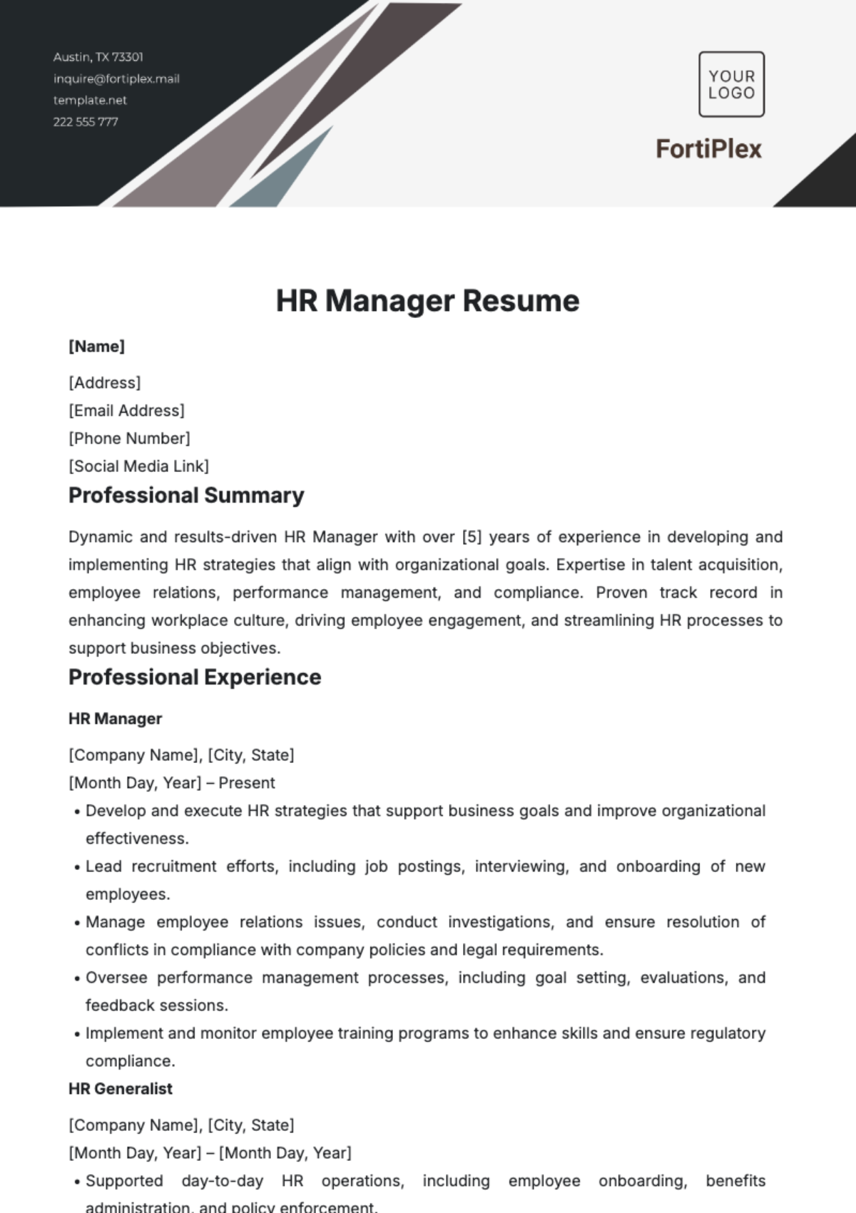 Free HR Manager Resume Template