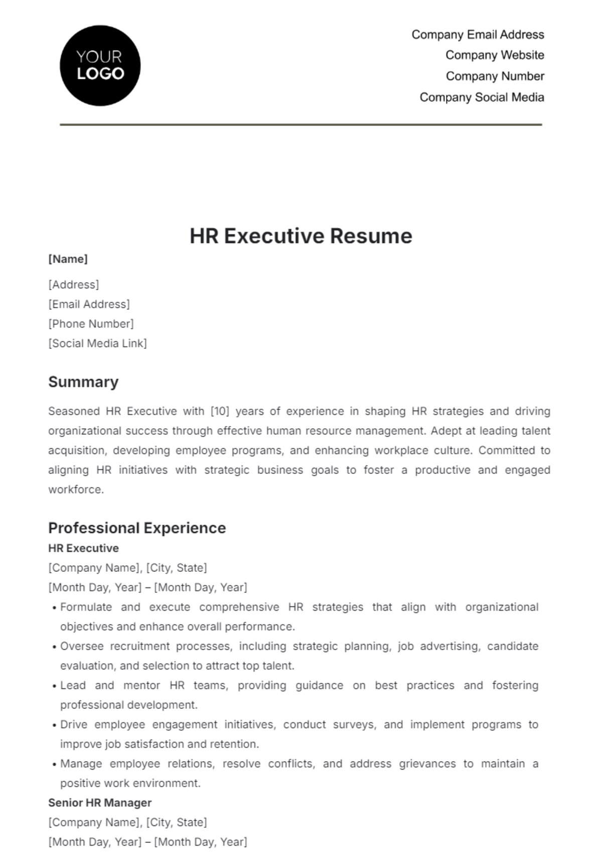 HR Executive Resume Template - Edit Online & Download