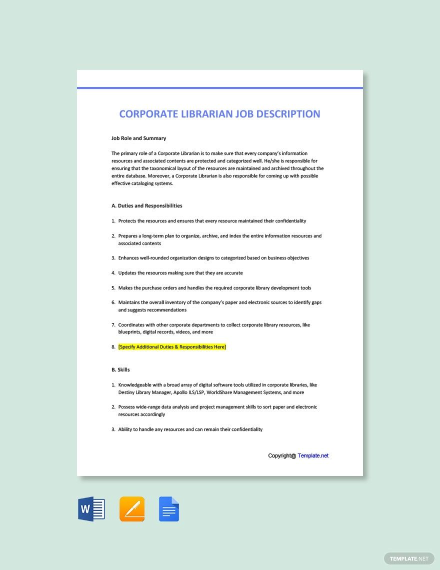Corporate Librarian Job Ad and Description Template