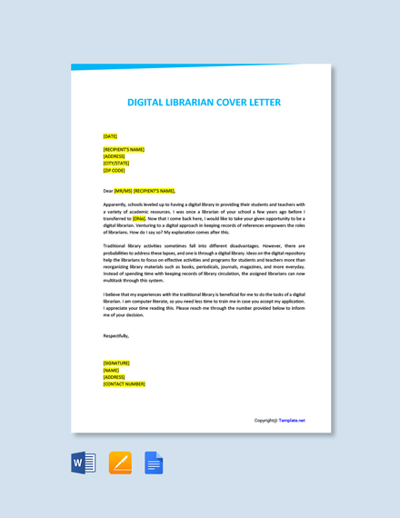 Free Academic Librarian Sample Cover Letter Template Google Docs   Digital Librarian Cover Letter 