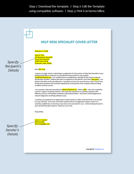 Help Desk Specialist Cover Letter Template