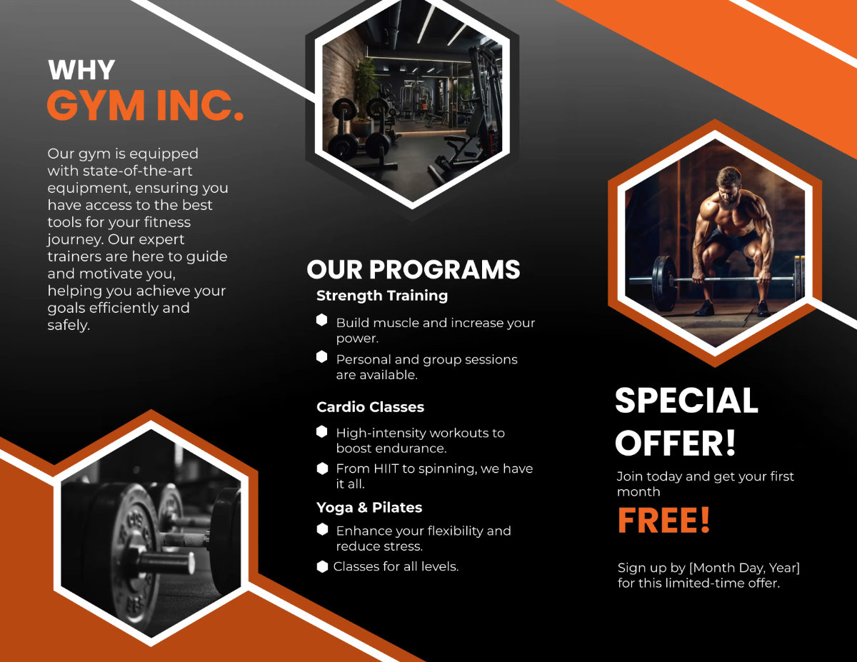 Free Gym Fitness Program Brochure Template to Edit Online