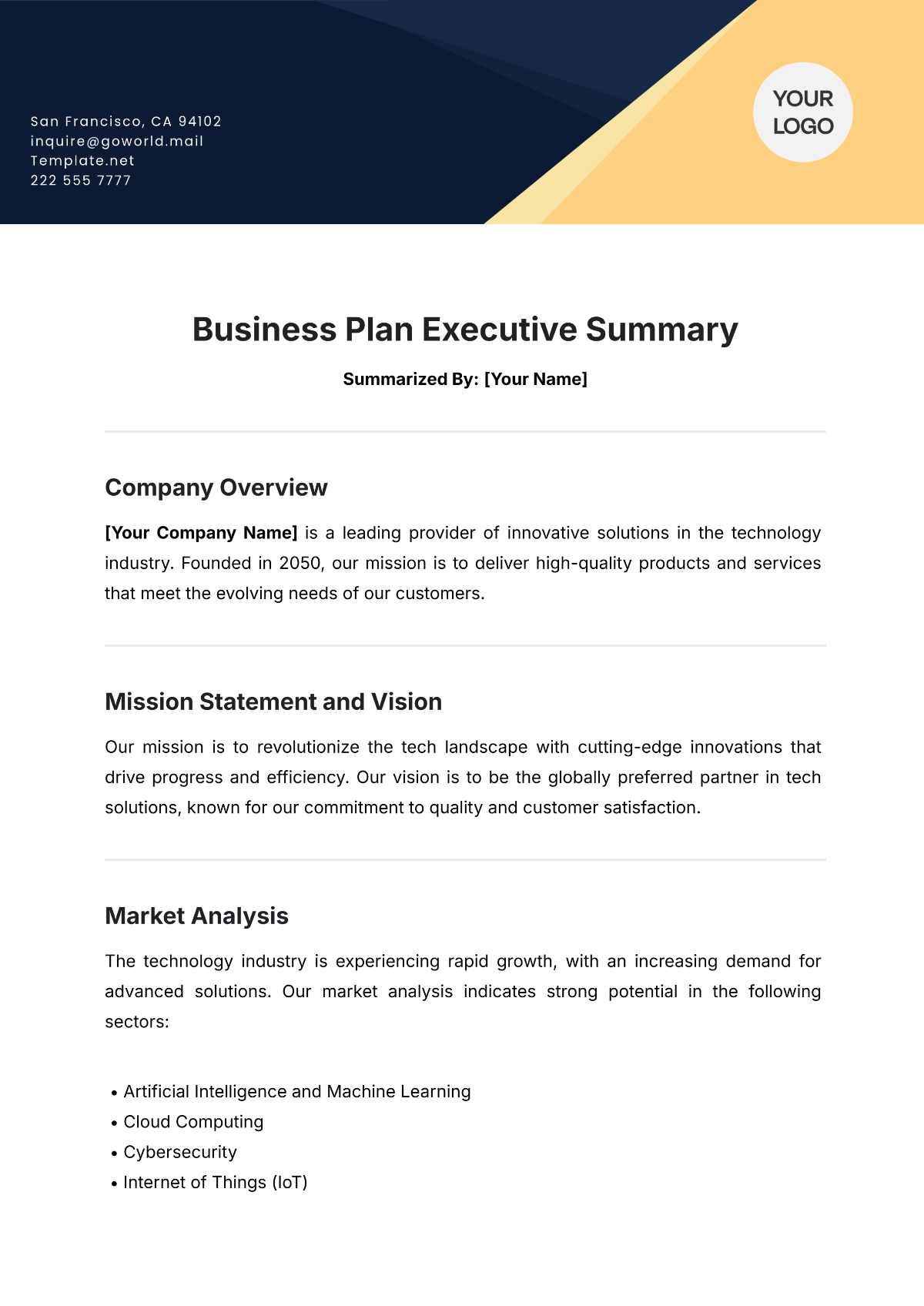 Business Plan Executive Summary Template - Edit Online & Download