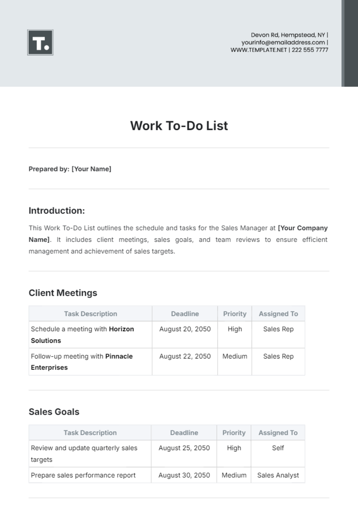 Printable Work To Do List Template