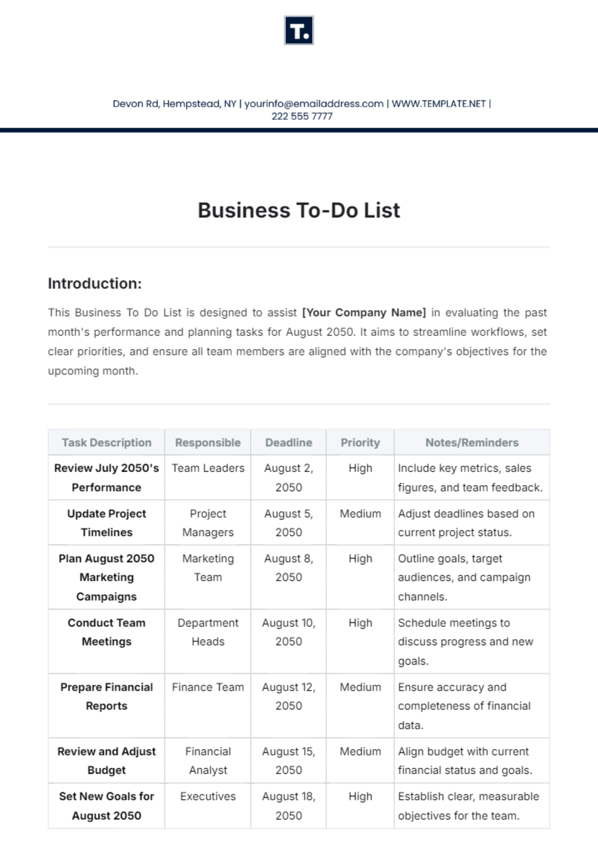 Business To Do List Template