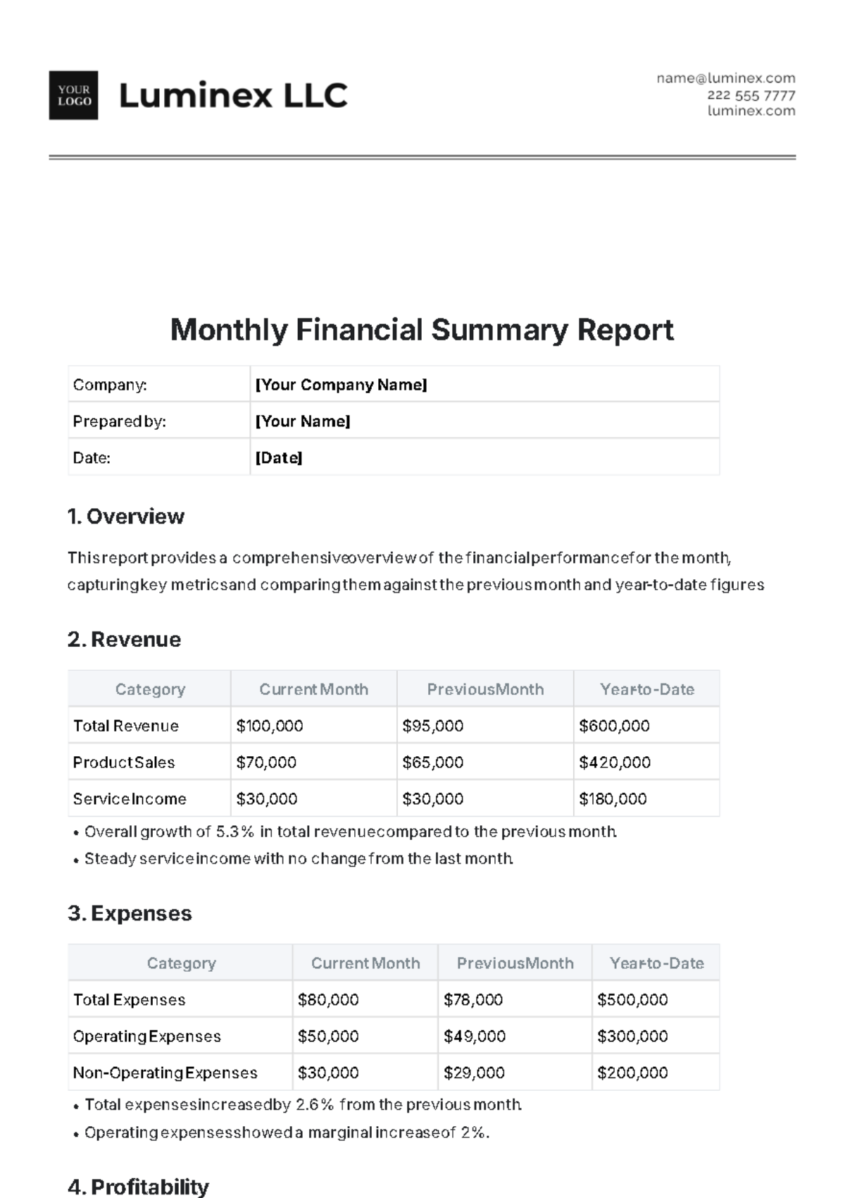 Monthly Financial Summary Report Template - Edit Online & Download