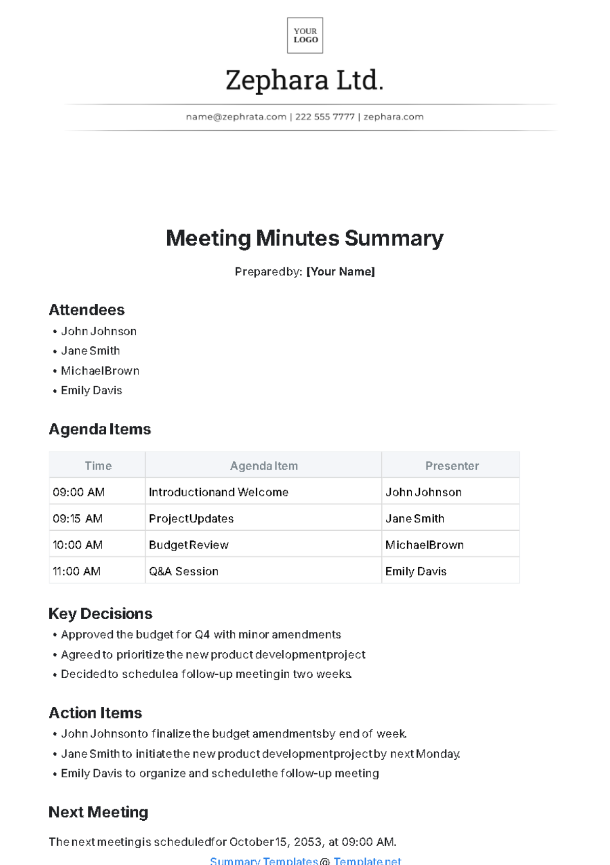 Meeting Minutes Summary Template - Edit Online & Download