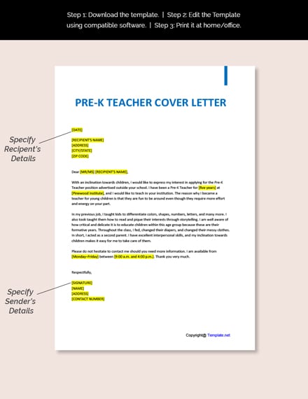 cover letter for pre primary teacher