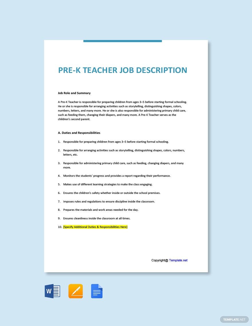 Pre-K Teacher Job Ad/Description Template