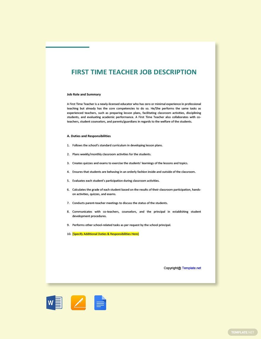 First Time Teacher Job Ad/Description Template