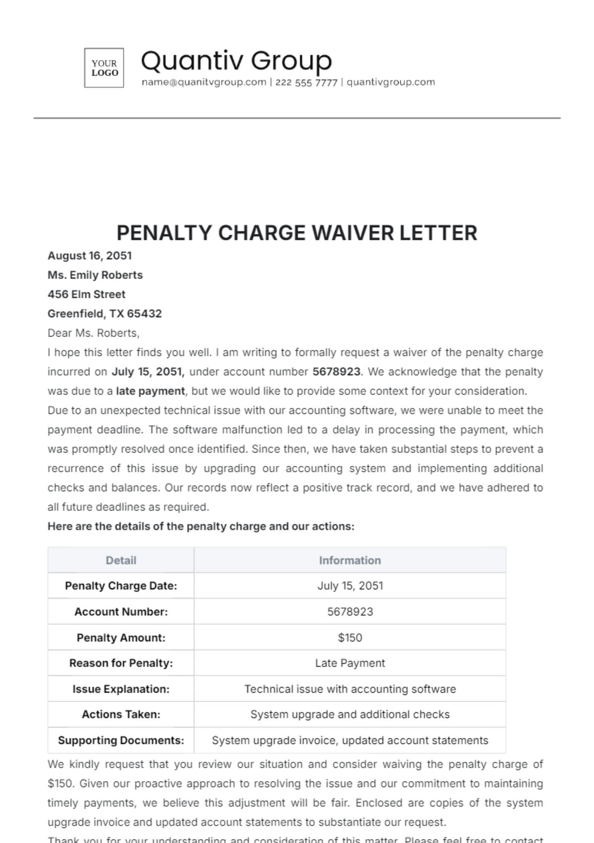 Penalty Charge Waiver Letter Template - Edit Online & Download