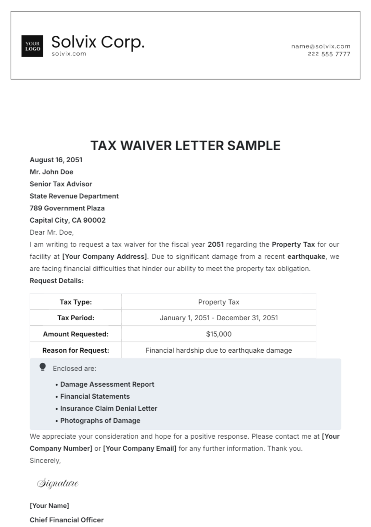 Tax Waiver Letter Sample Template - Edit Online & Download