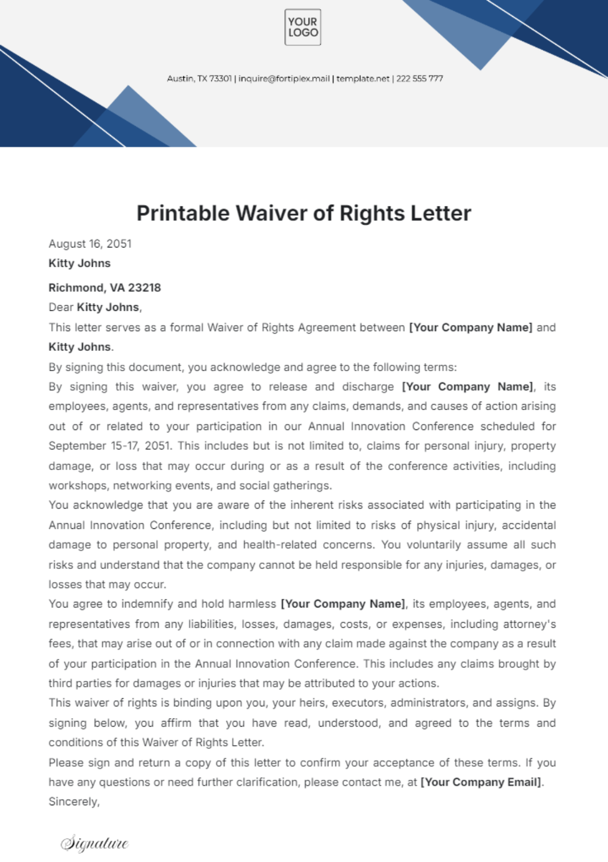 Printable Waiver of Rights Letter Template