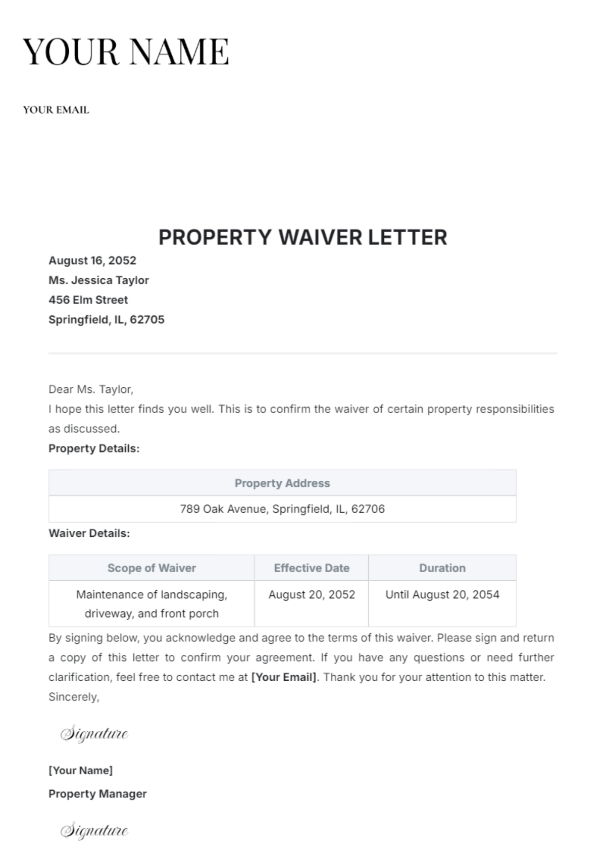 Property Waiver Letter Template - Edit Online & Download