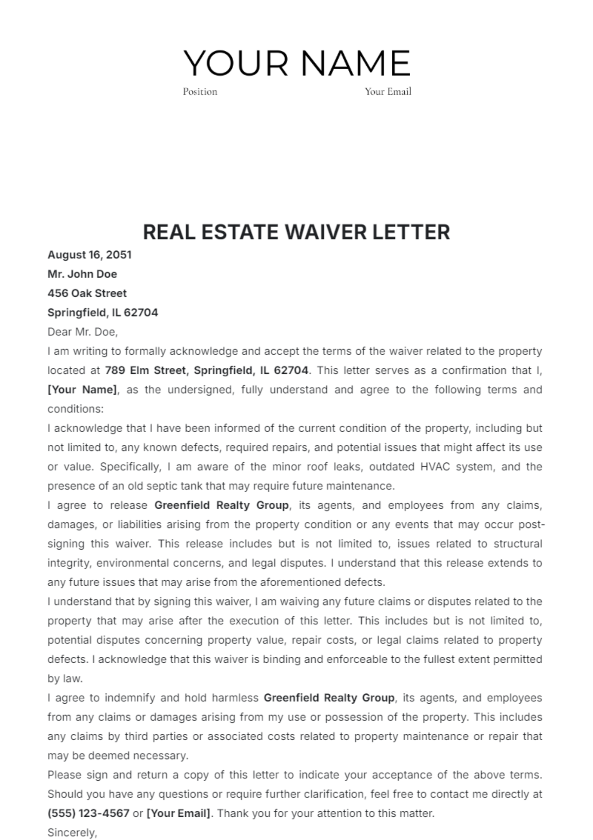 Real Estate Waiver Letter Template - Edit Online & Download