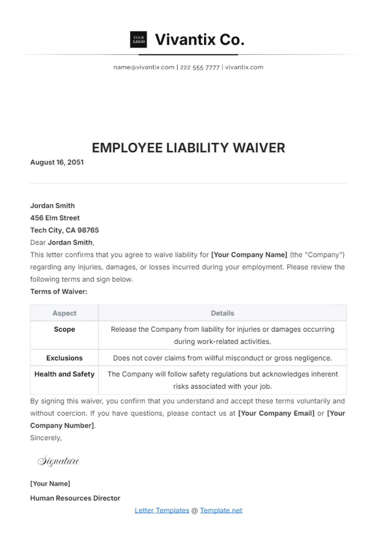 Employee Liability Waiver Template - Edit Online & Download