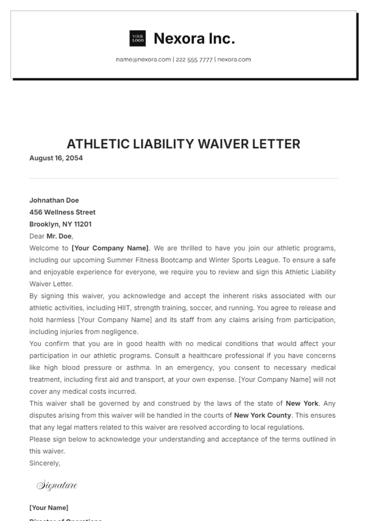 Athletic Liability Waiver Letter Template - Edit Online & Download