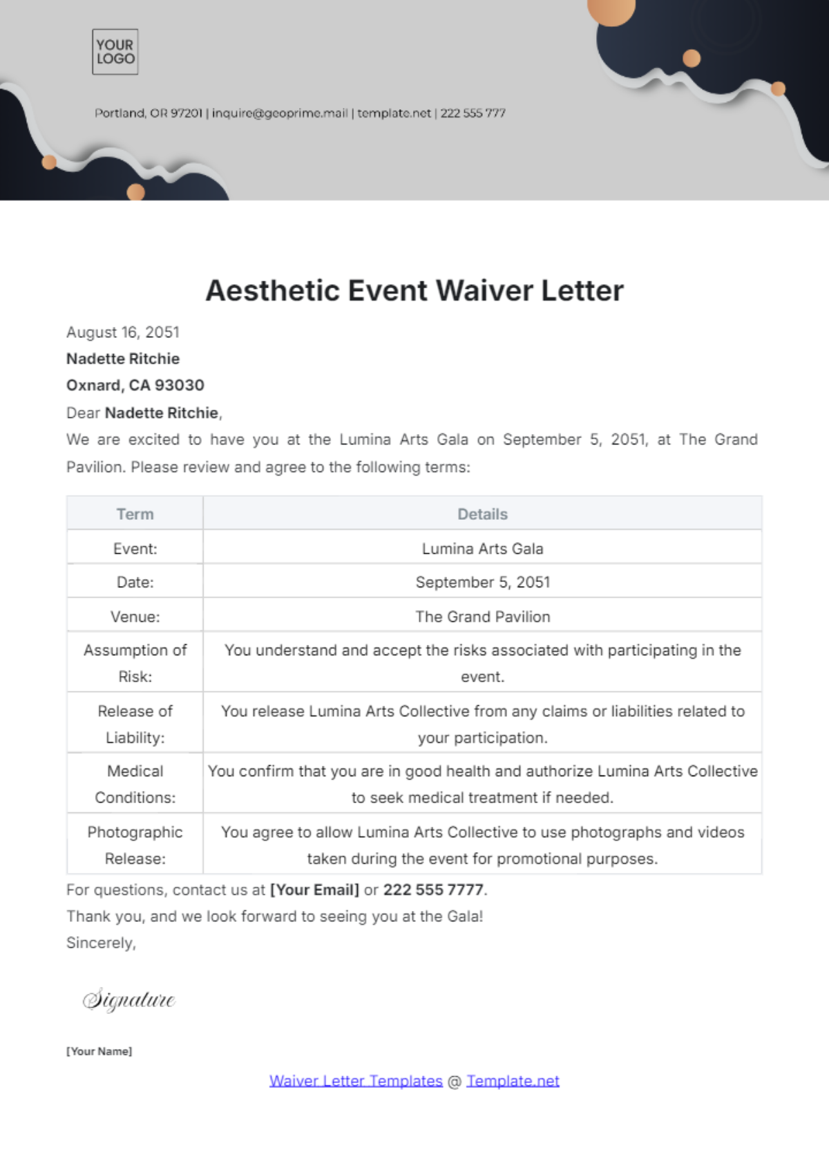 Aesthetic Event Waiver Letter Template