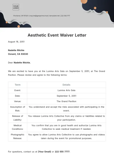 Free Aesthetic Event Waiver Letter Template to Edit Online