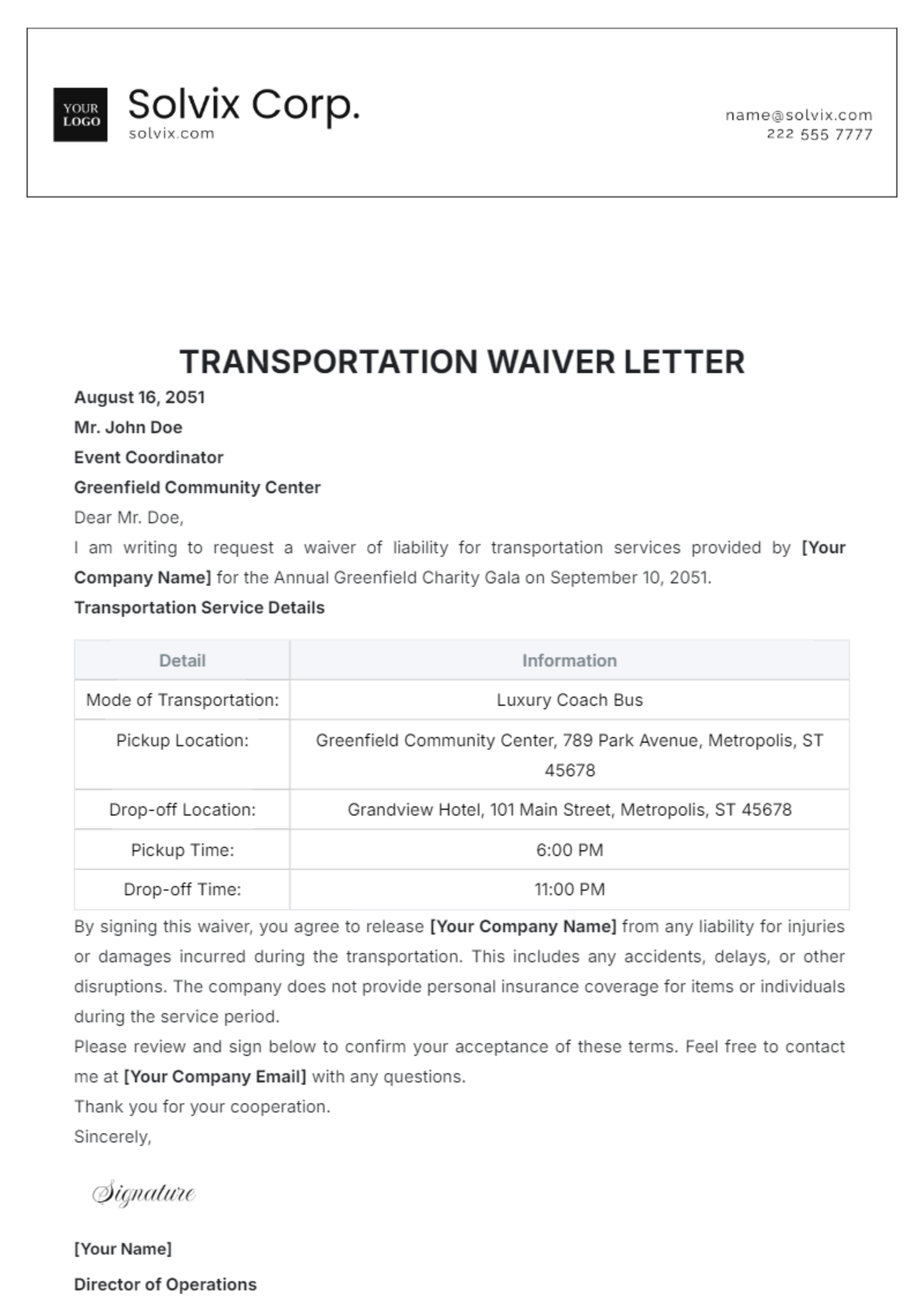 Transportation Waiver Letter Template - Edit Online & Download