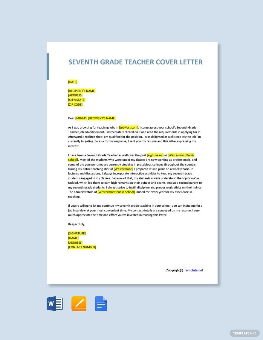 Seventh Grade Teacher Cover Letter