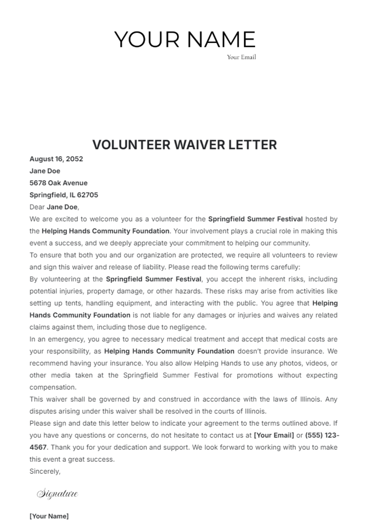 Volunteer Waiver Letter Template - Edit Online & Download