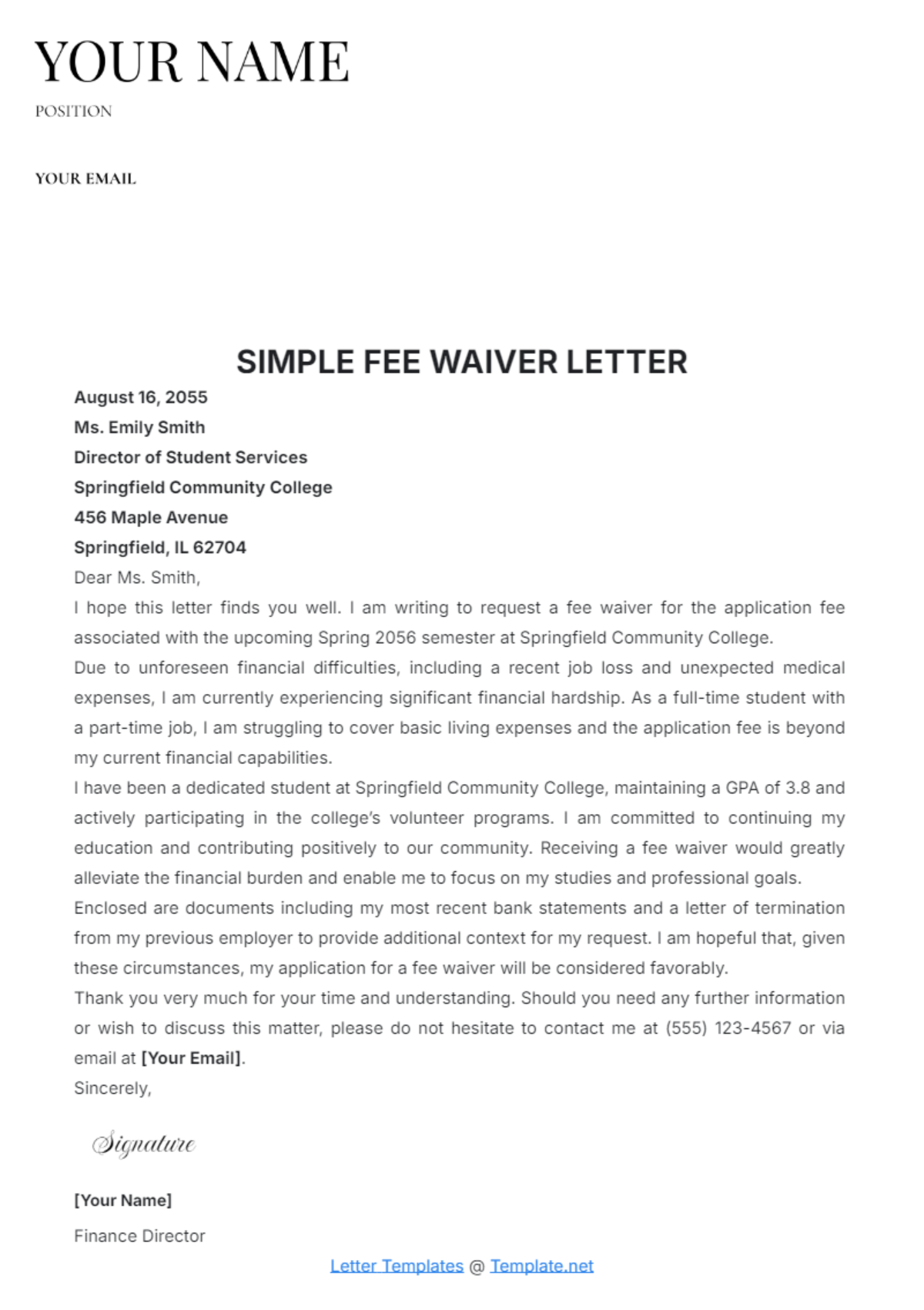 Simple Fee Waiver Letter Template