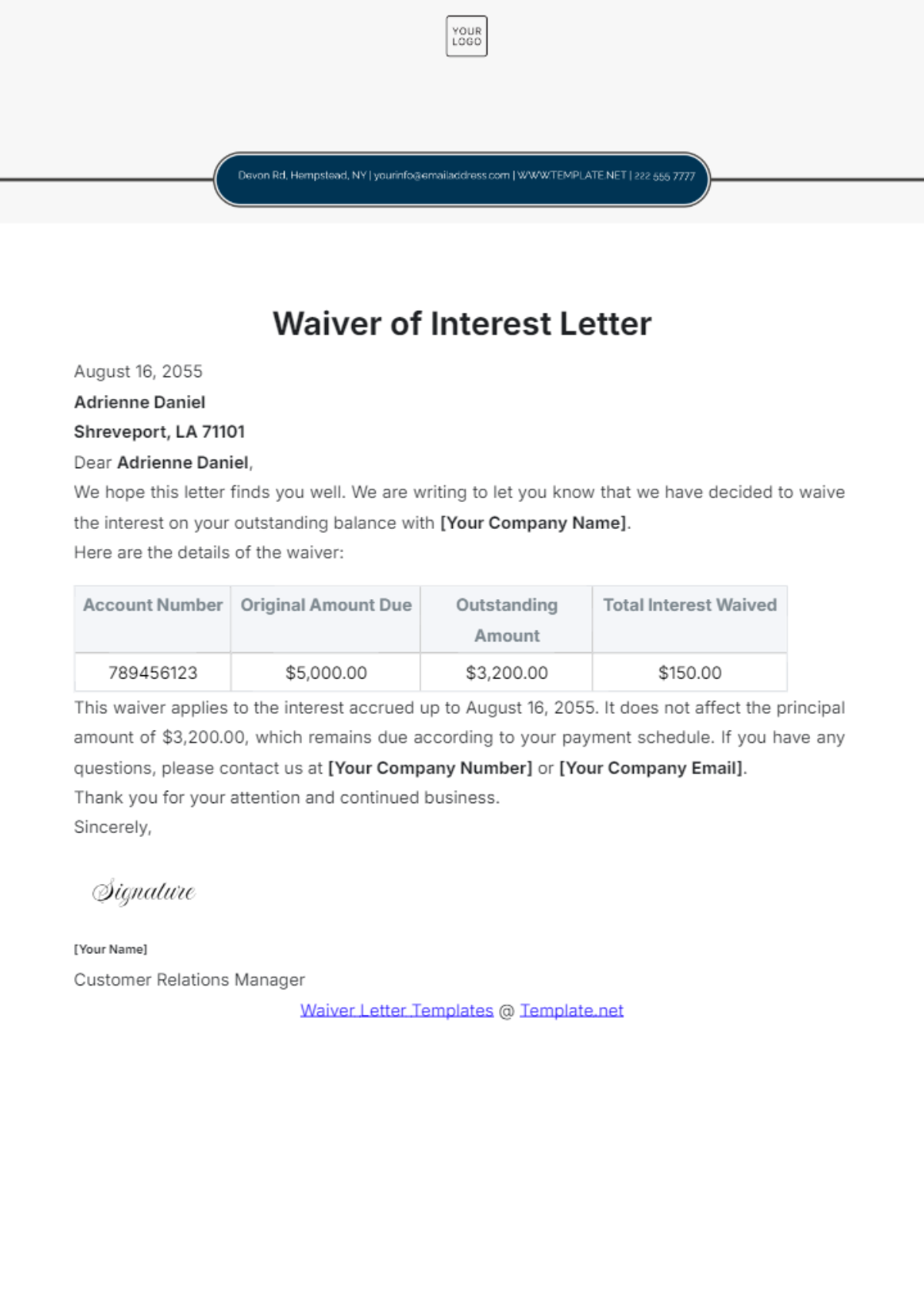 Waiver of Interest Letter Template - Edit Online & Download