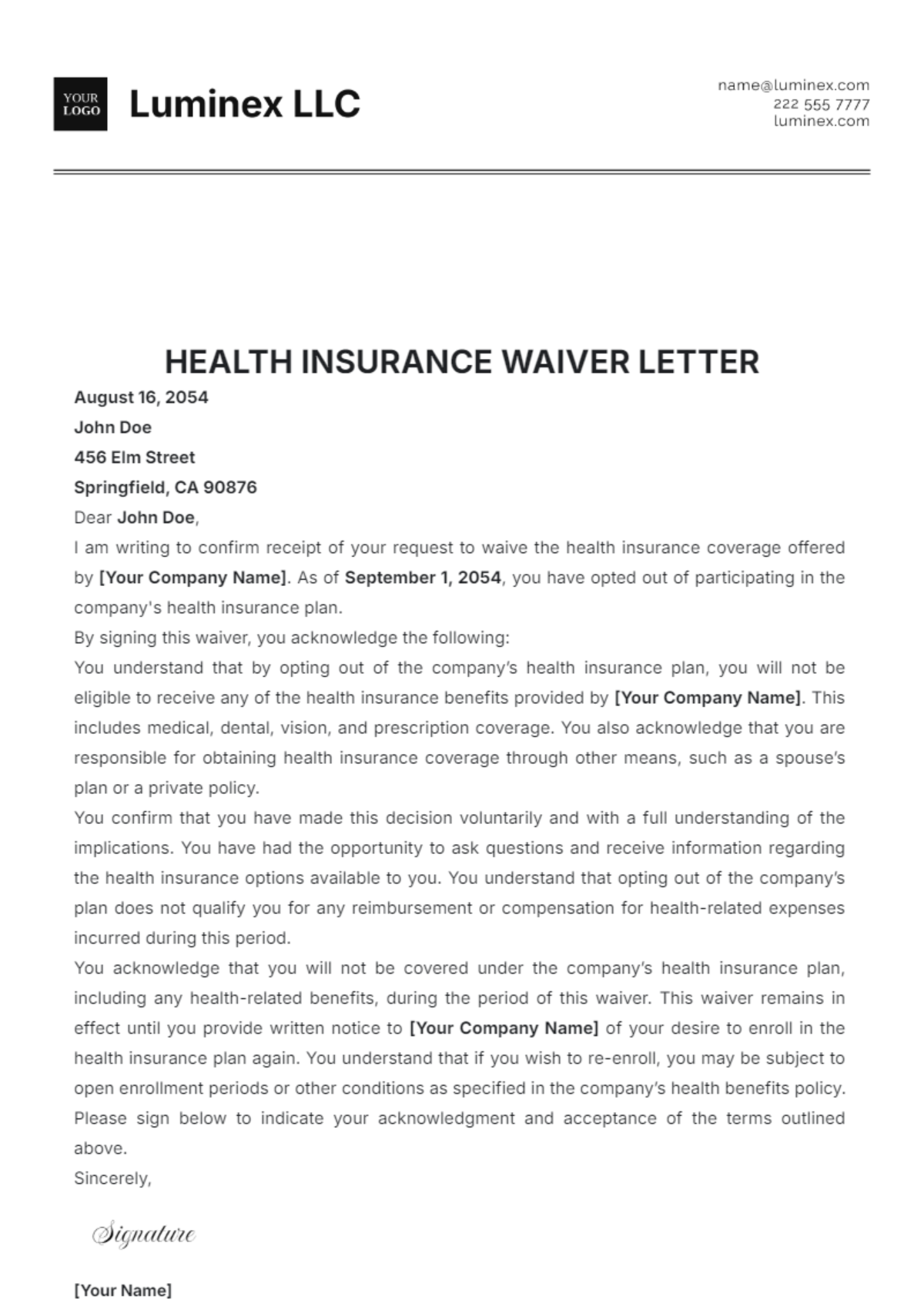 Health Insurance Waiver Letter Template